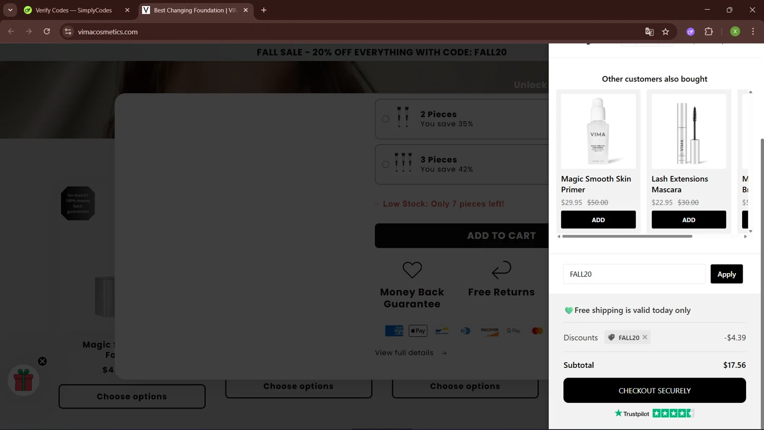 VIMA Cosmetics promo code screenshot showing code FALL20 applied at VIMA Cosmetics checkout page. Uploaded by SimplyCodes community member SaleTiger1087 on Oct 16, 2025