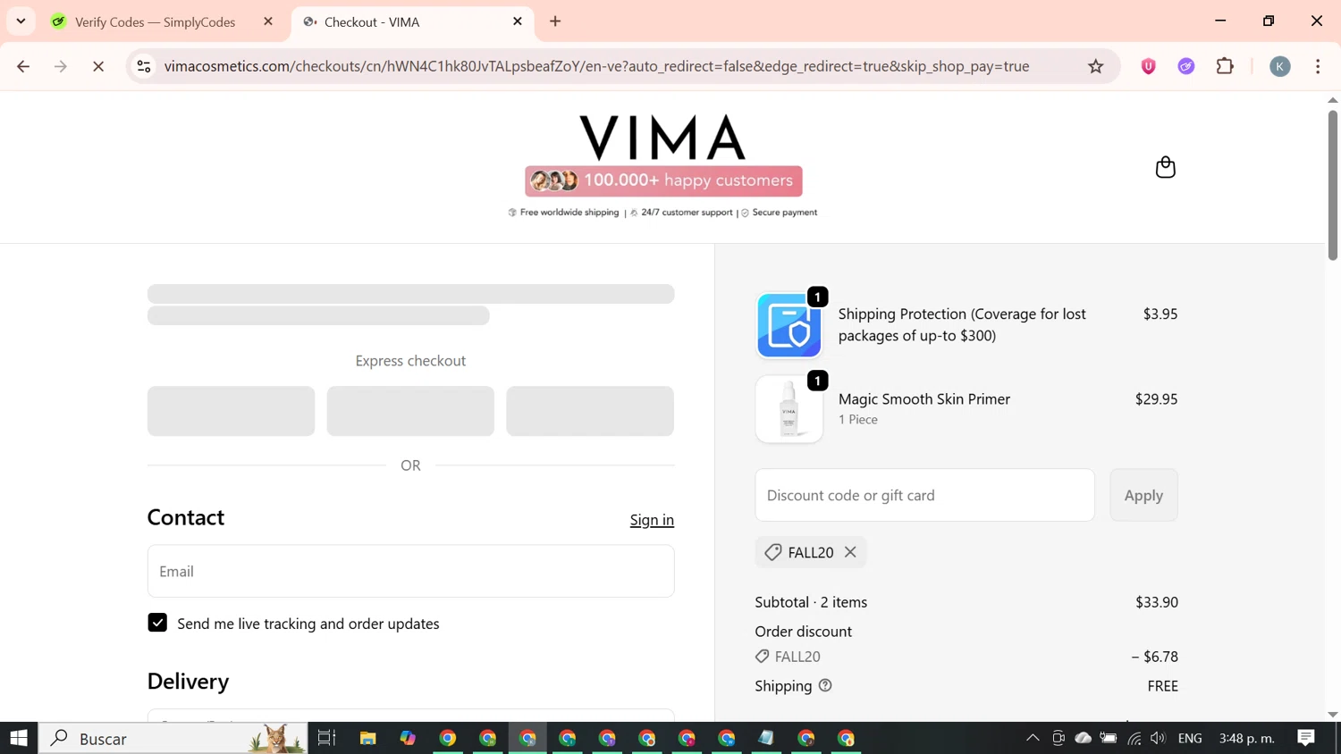 VIMA Cosmetics promo code screenshot showing code FALL20 applied at VIMA Cosmetics checkout page. Uploaded by SimplyCodes community member SavingsBoss9912 on Oct 16, 2025
