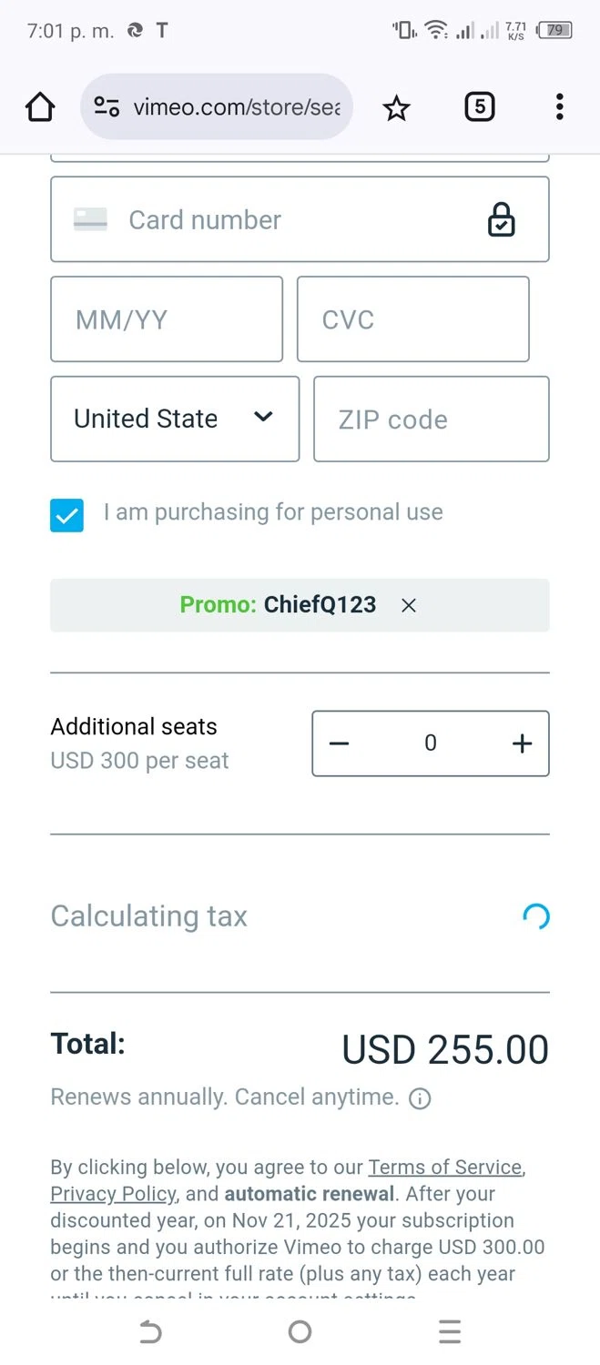 where to use Vimeo promo code box