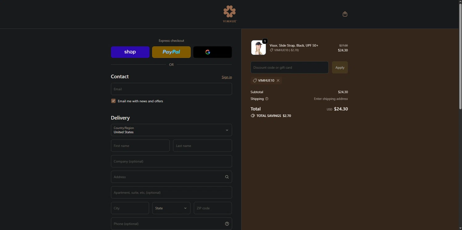 VimHue discount code screenshot showing code VIMHUE10 applied at VimHue checkout page. Uploaded by SimplyCodes community member ScanEagle5120 on Dec 8, 2025