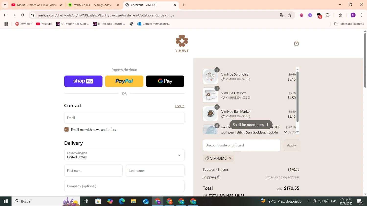 VimHue discount code screenshot showing code VIMHUE10 applied at VimHue checkout page. Uploaded by SimplyCodes community member cod_gakpo on Jul 17, 2025