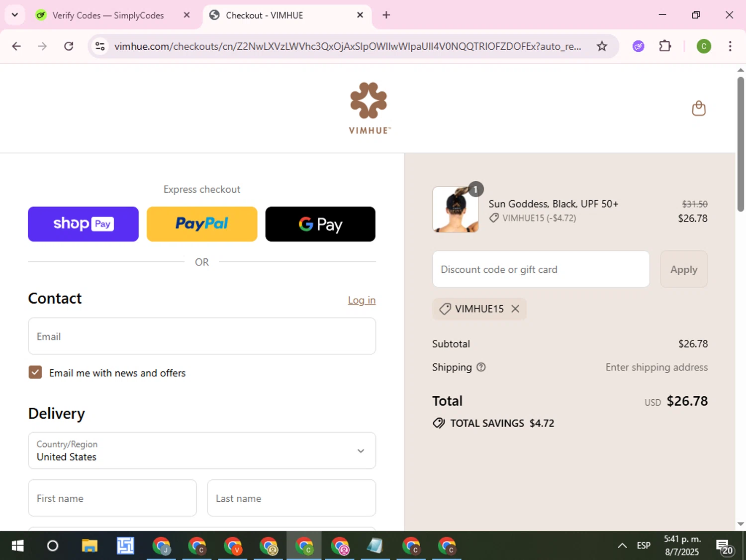 VimHue discount code screenshot showing code VIMHUE15 applied at VimHue checkout page. Uploaded by SimplyCodes community member RoyalKnight4673 on Jul 8, 2025