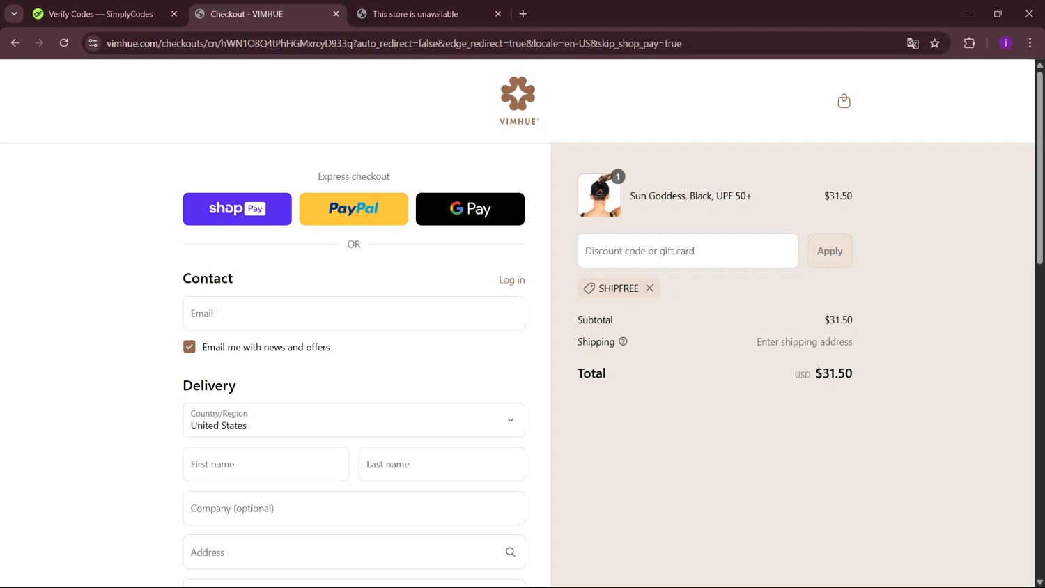 VimHue discount code screenshot showing code SHIPFREE applied at VimHue checkout page. Uploaded by SimplyCodes community member MagnificentSleuth912 on Aug 3, 2025