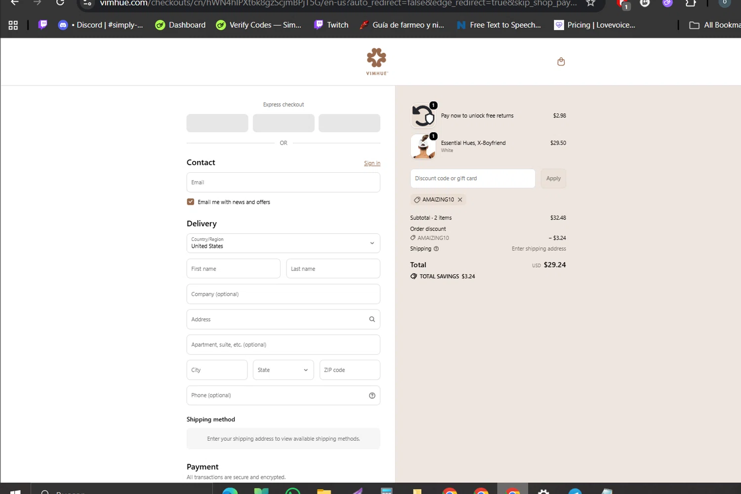 VimHue discount code screenshot showing code AMAIZING10 applied at VimHue checkout page. Uploaded by SimplyCodes community member DealHero3744 on Oct 30, 2025