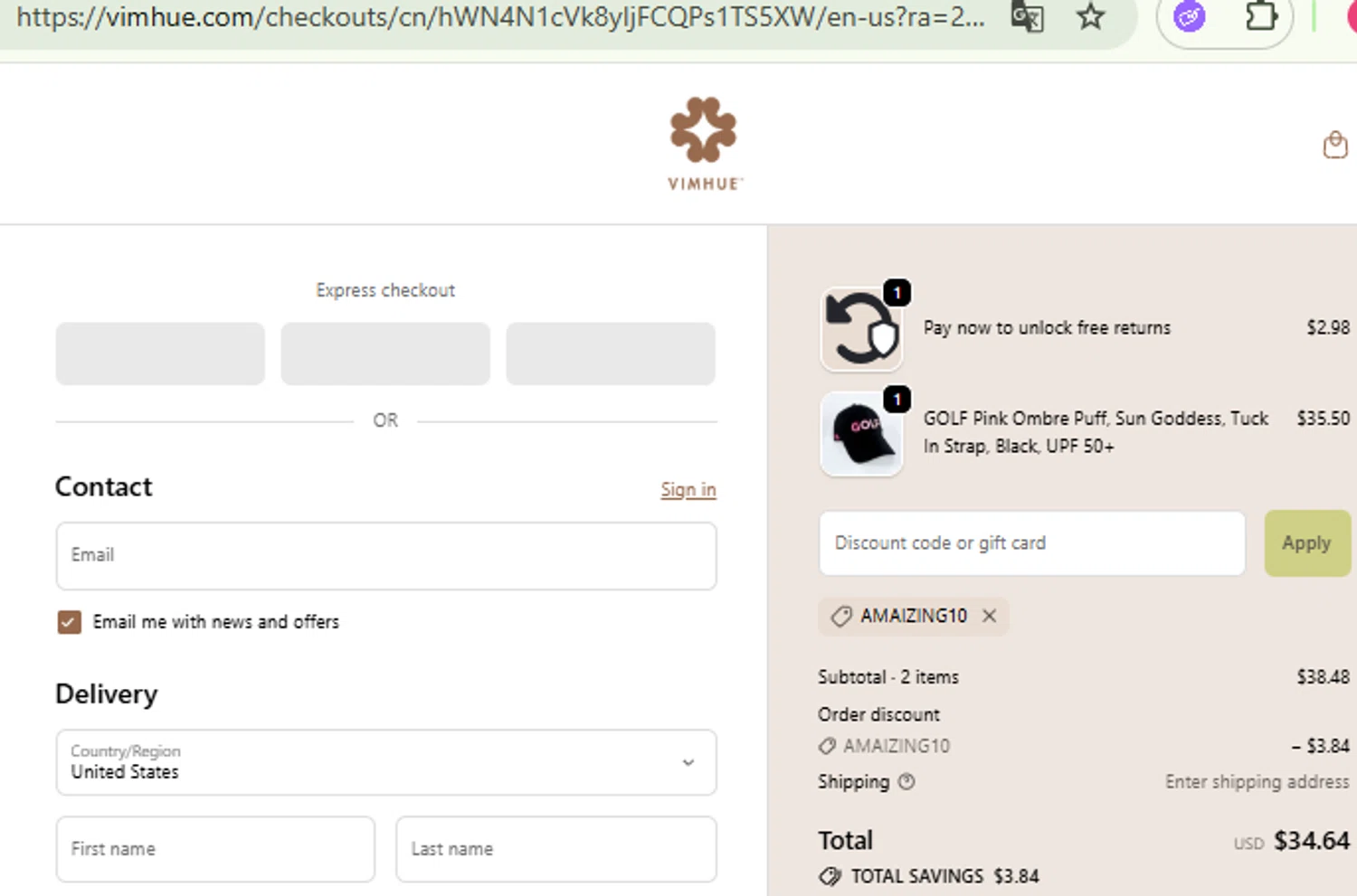VimHue discount code screenshot showing code AMAIZING10 applied at VimHue checkout page. Uploaded by SimplyCodes community member RewardFinder4836 on Oct 21, 2025