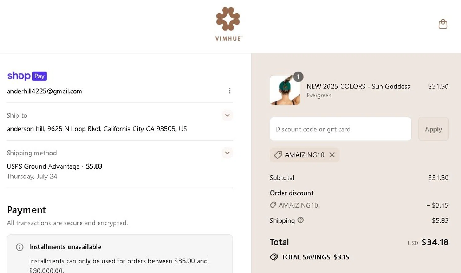 VimHue discount code screenshot showing code AMAIZING10 applied at VimHue checkout page. Uploaded by SimplyCodes community member Elcompa on Jul 17, 2025