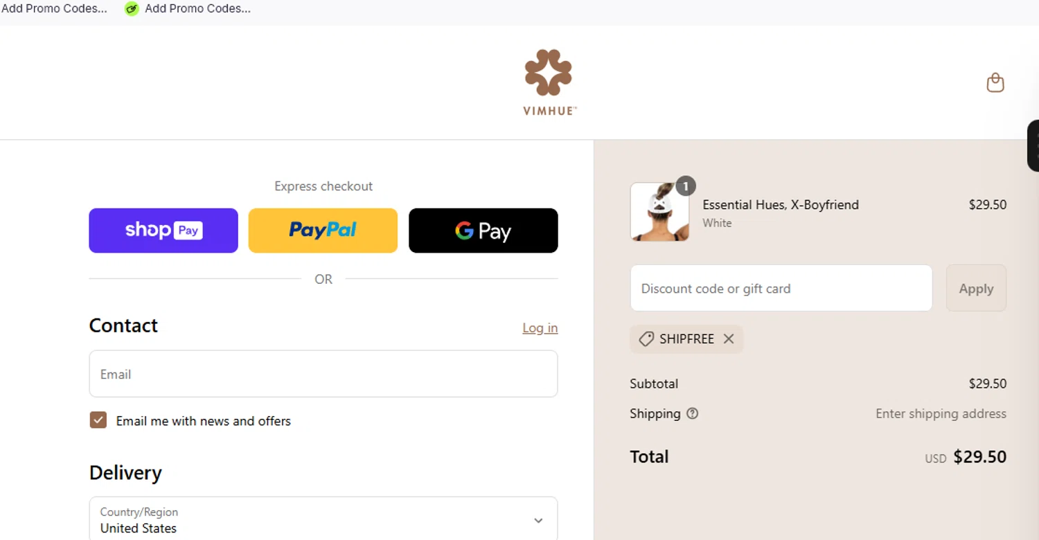 VimHue discount code screenshot showing code SHIPFREE applied at VimHue checkout page. Uploaded by SimplyCodes community member eithanmilas on Jun 26, 2025