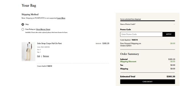 Vince checkout page showing Vince promo code box | Screenshot taken by SimplyCodes community member on Aug 15, 2025