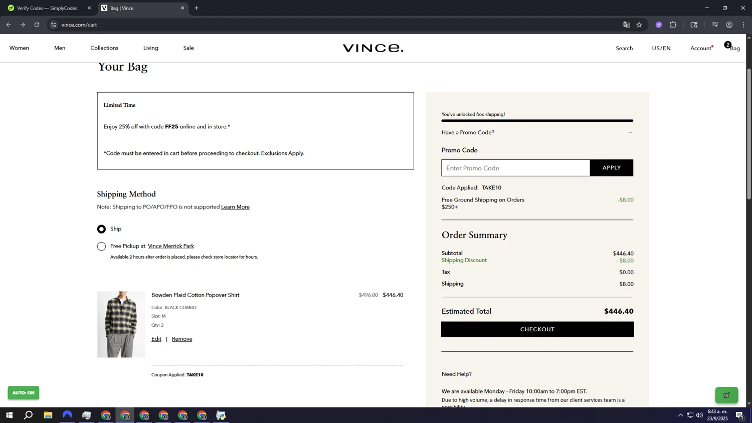 Vince Unfold promo code screenshot showing code TAKE10 applied at Vince Unfold checkout page. Uploaded by SimplyCodes community member aaaaaaaaaaaaaaaa on Sep 23, 2025