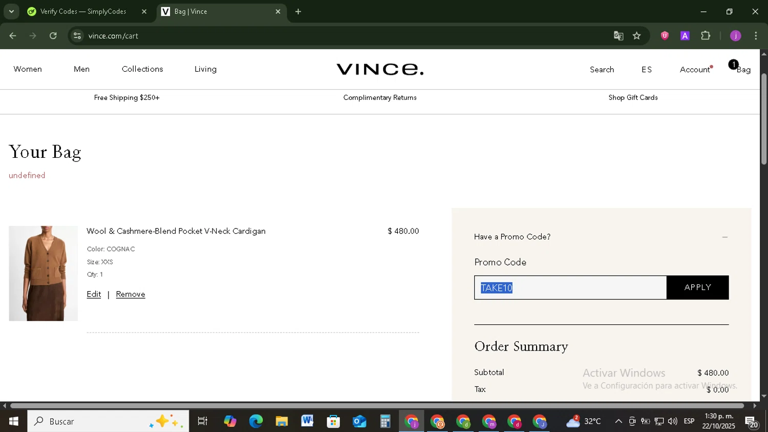 Vince Unfold promo code screenshot showing code TAKE10 applied at Vince Unfold checkout page. Uploaded by SimplyCodes community member Tazbravo on Oct 22, 2025
