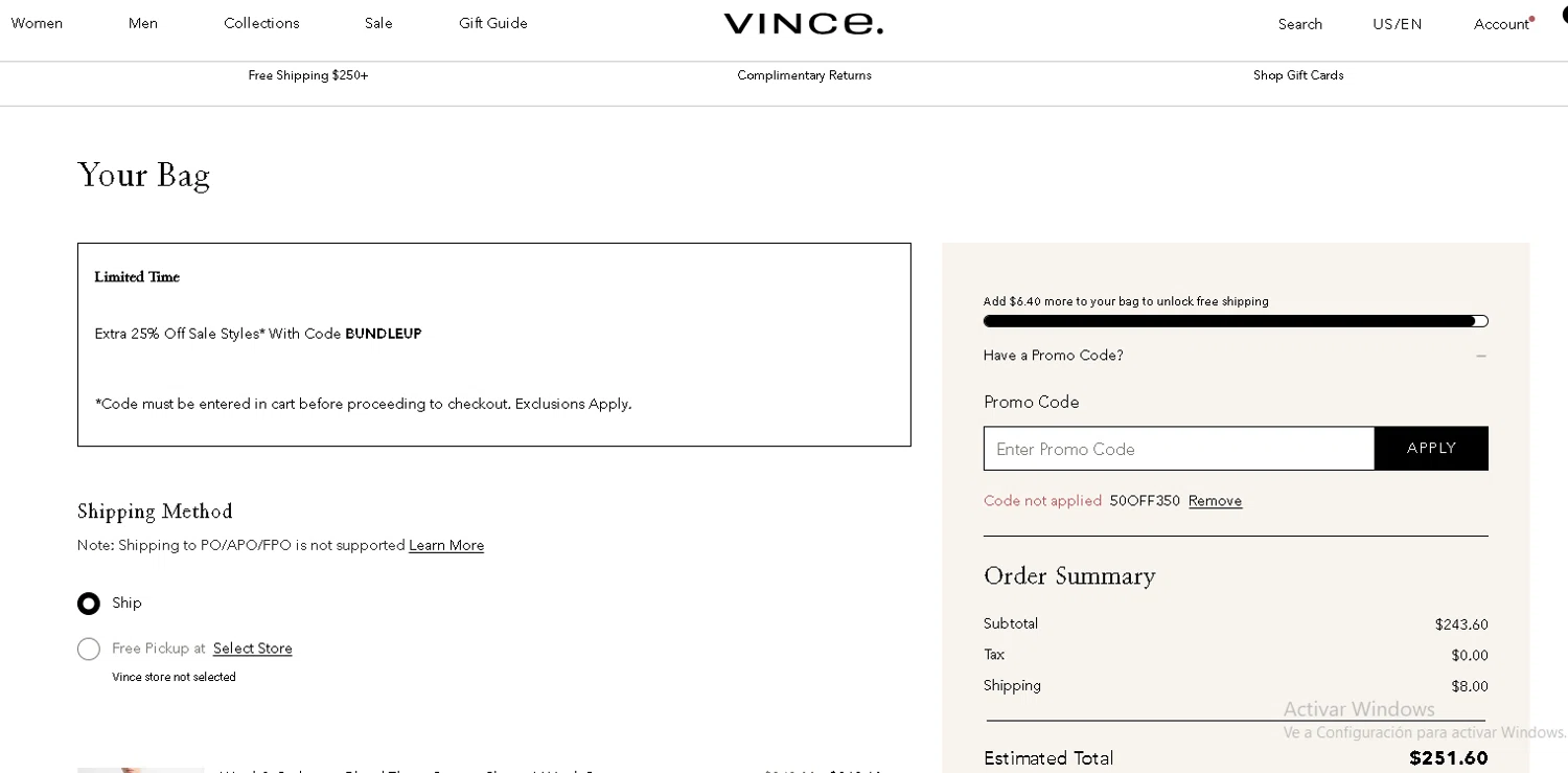 Vince Unfold promo code screenshot showing code 50OFF350 applied at Vince Unfold checkout page. Uploaded by SimplyCodes community member Francisco on Dec 29, 2025