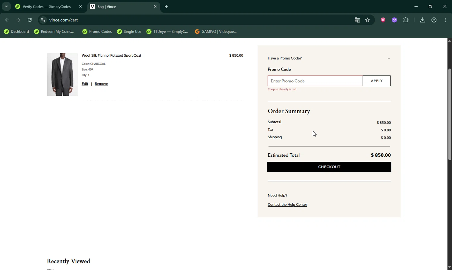 Vince Unfold checkout page showing Vince Unfold promo code box | Screenshot taken by SimplyCodes community member on Oct 3, 2025
