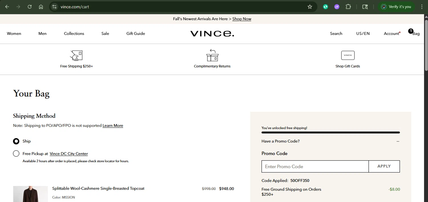 Vince Unfold promo code screenshot showing code 50OFF350 applied at Vince Unfold checkout page. Uploaded by SimplyCodes community member xAngel on Nov 1, 2025