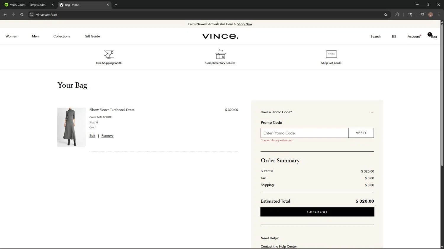 Vince Unfold promo code screenshot showing code N4Q5DCPKS3 applied at Vince Unfold checkout page. Uploaded by SimplyCodes community member LegendarySeeker3956 on Nov 1, 2025