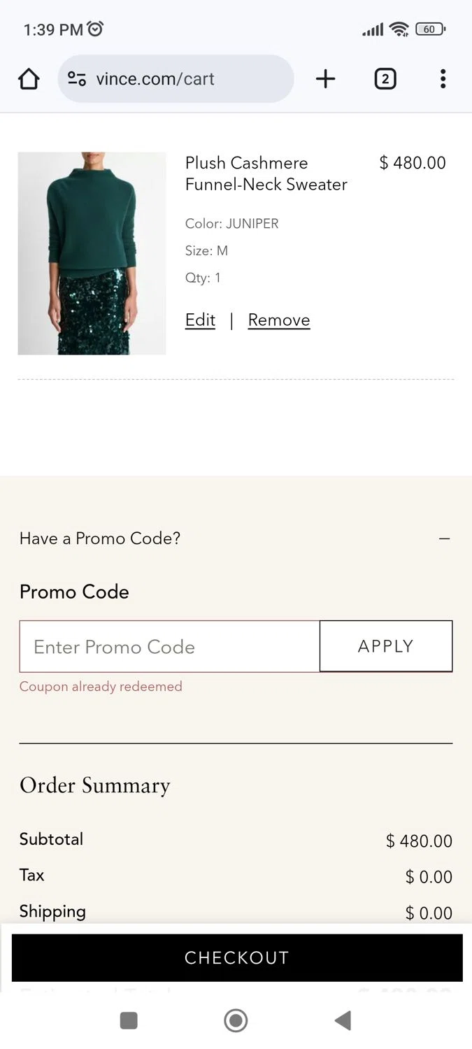Vince Unfold promo code screenshot showing code N4Q5DCPKS3 applied at Vince Unfold checkout page. Uploaded by SimplyCodes community member Richard251 on Nov 1, 2025