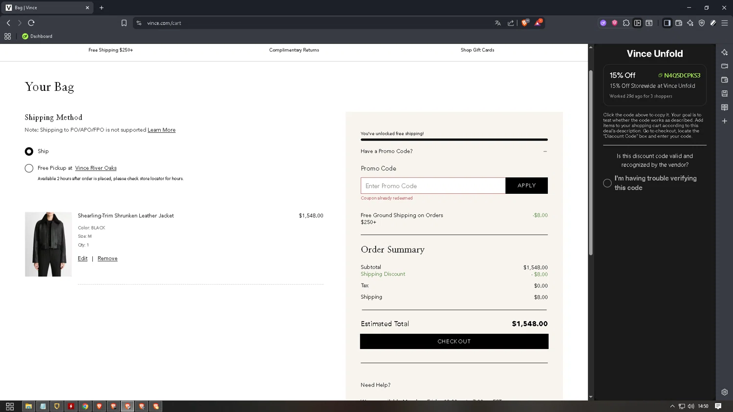 Vince Unfold promo code screenshot showing code N4Q5DCPKS3 applied at Vince Unfold checkout page. Uploaded by SimplyCodes community member WiseMaven8994 on Nov 1, 2025