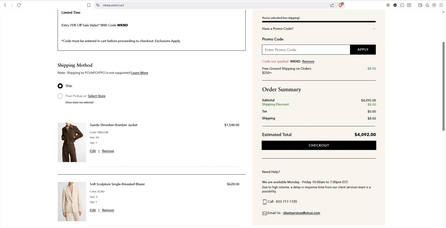 Vince Unfold checkout page showing Vince Unfold promo code box | Screenshot taken by SimplyCodes community member on Feb 14, 2026