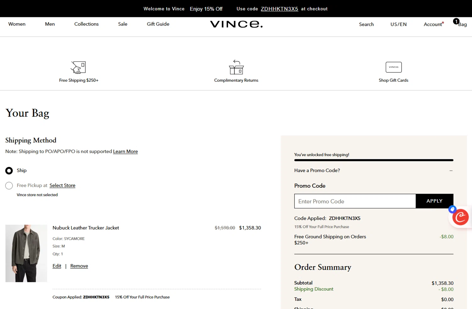 Vince Unfold promo code screenshot showing code ZDHHKTN3X5 applied at Vince Unfold checkout page. Uploaded by SimplyCodes community member ivantorres on Dec 7, 2025