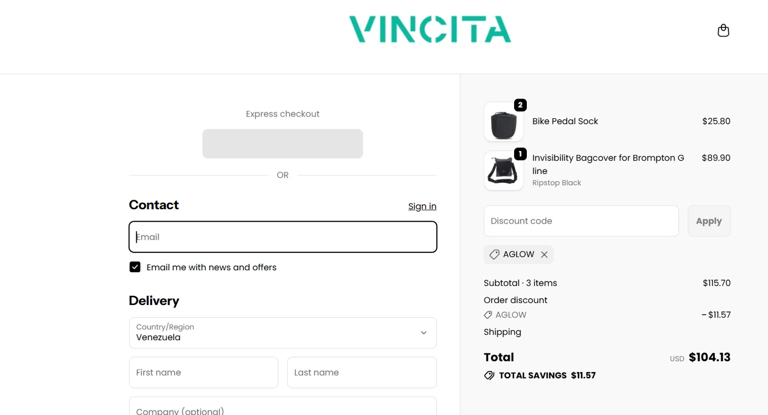 Vincita promo code screenshot showing code AGLOW applied at Vincita checkout page. Uploaded by SimplyCodes community member SwiftSpotter945 on Jan 30, 2026