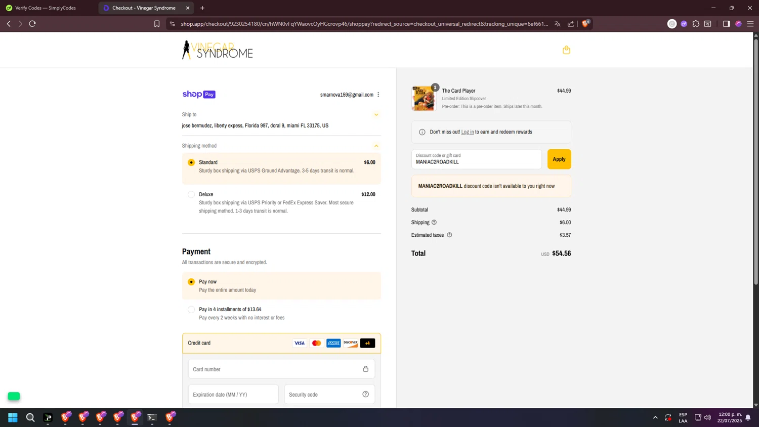 Vinegar Syndrome discount code screenshot showing code MANIAC2ROADKILL applied at Vinegar Syndrome checkout page. Uploaded by SimplyCodes community member jakycham2020 on Jul 22, 2025
