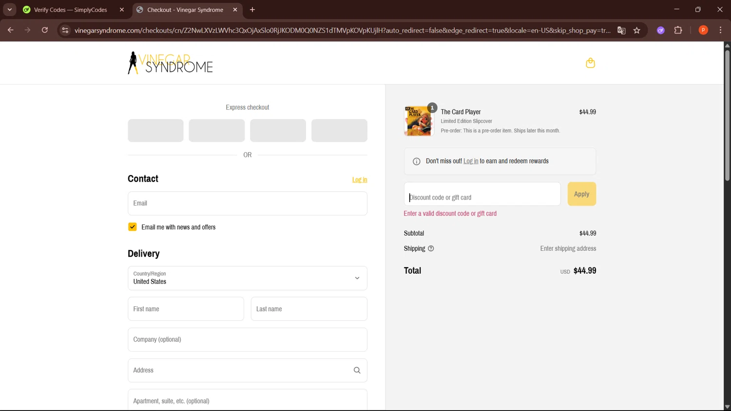 Vinegar Syndrome discount code screenshot showing code 5 applied at Vinegar Syndrome checkout page. Uploaded by SimplyCodes community member LegendaryPro3698 on Jul 2, 2025