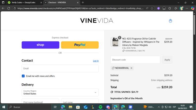 Vinevida checkout page showing Vinevida discount code box | Screenshot taken by SimplyCodes community member on Sep 4, 2025