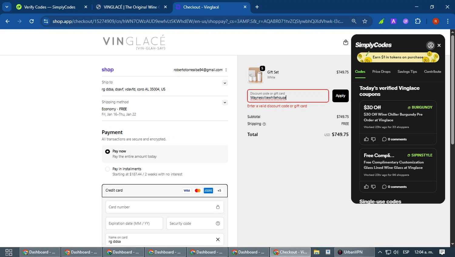 Vinglace promo code screenshot showing code Waynesvillewhitehouse applied at Vinglace checkout page. Uploaded by SimplyCodes community member robertotorrealba on Jan 9, 2026