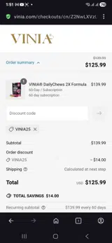 Vinia25 coupon verification screenshot