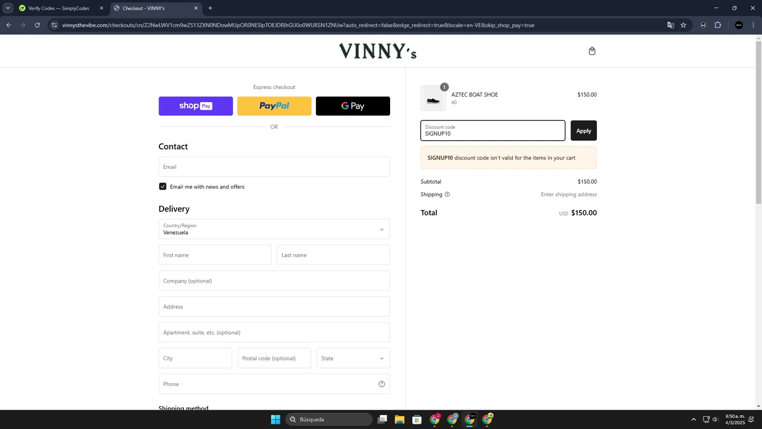 VINNY's promo code screenshot showing code SIGNUP10 applied at VINNY's checkout page. Uploaded by SimplyCodes community member JoseLocoHugo on Mar 4, 2025