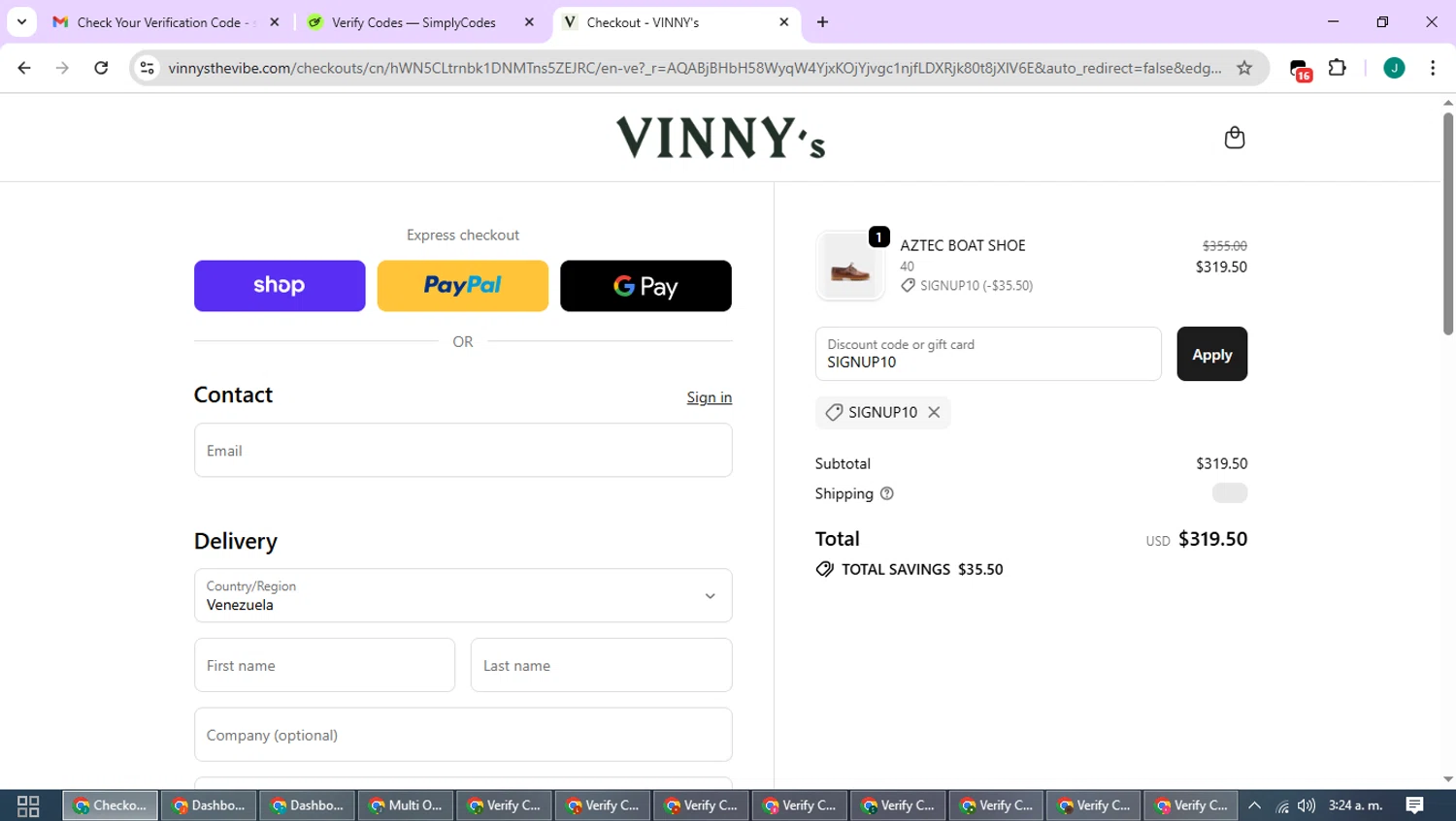 VINNY's promo code screenshot showing code SIGNUP10 applied at VINNY's checkout page. Uploaded by SimplyCodes community member SavvyCurator1770 on Nov 12, 2025
