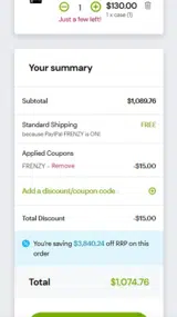 FRENZY coupon verification screenshot