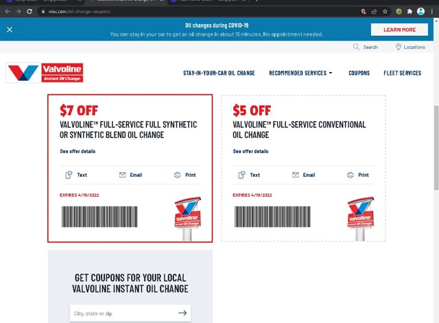 Valvoline Instant Oil Change checkout page showing Valvoline Instant Oil Change coupon code box | Screenshot taken by SimplyCodes community member on Mar 19, 2022