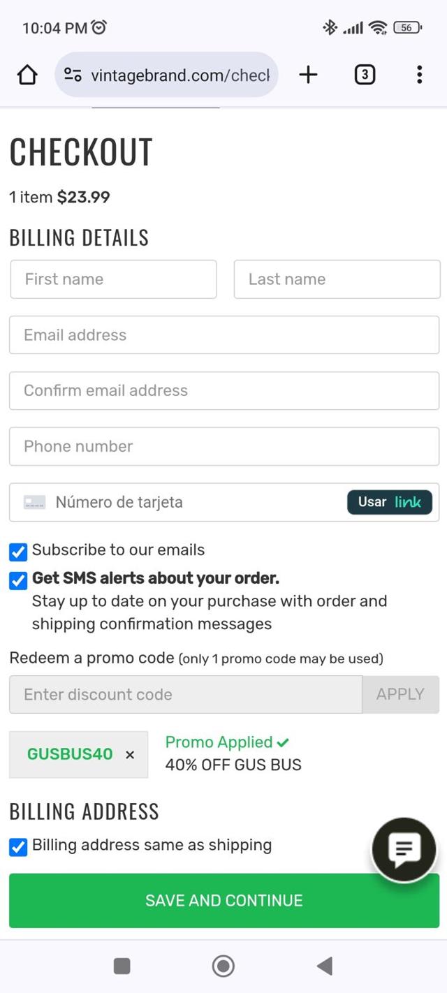 Vintage Brand checkout page showing Vintage Brand promo code box | Screenshot taken by SimplyCodes community member on Dec 12, 2023