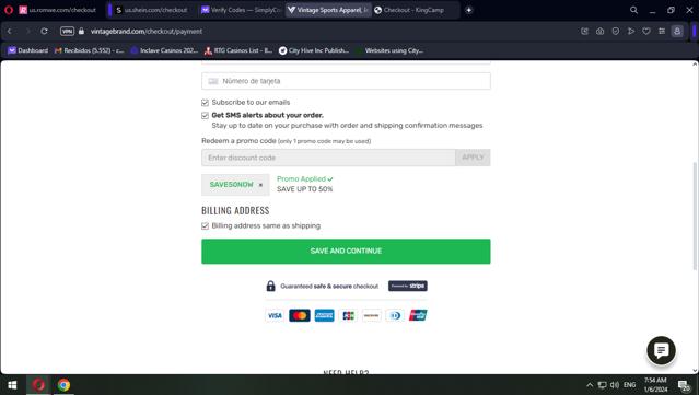 Vintage Brand checkout page showing Vintage Brand promo code box | Screenshot taken by SimplyCodes community member on Jan 6, 2024