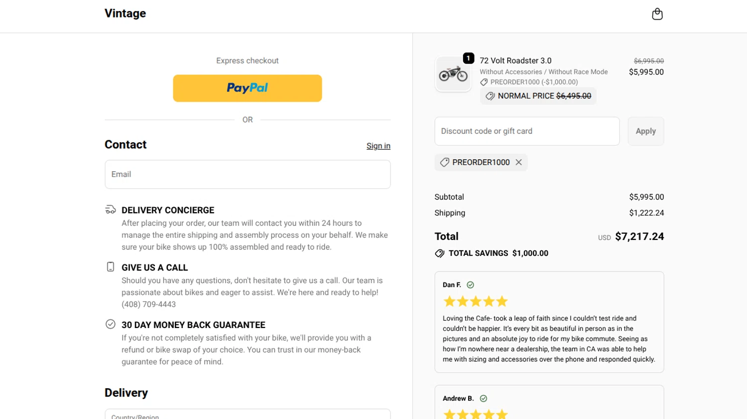 Vintage Electric Bikes promo code screenshot showing code PREORDER1000 applied at Vintage Electric Bikes checkout page. Uploaded by SimplyCodes community member CARAJITA on Jun 9, 2026
