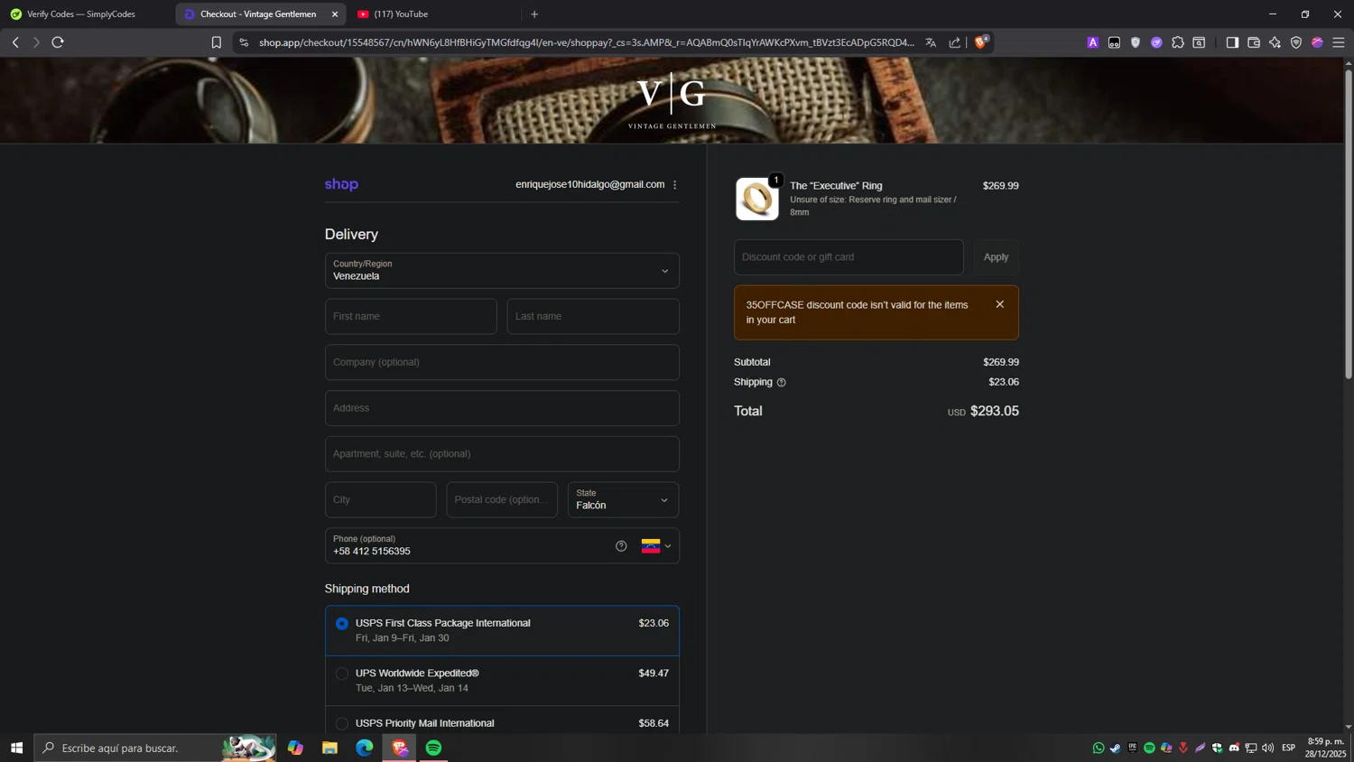 Vintage Gentlemen checkout page showing Vintage Gentlemen coupon code box | Screenshot taken by SimplyCodes community member on Dec 29, 2025