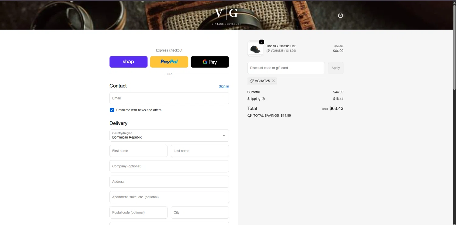 Vintage Gentlemen checkout page showing Vintage Gentlemen coupon code box | Screenshot taken by SimplyCodes community member on Dec 29, 2025