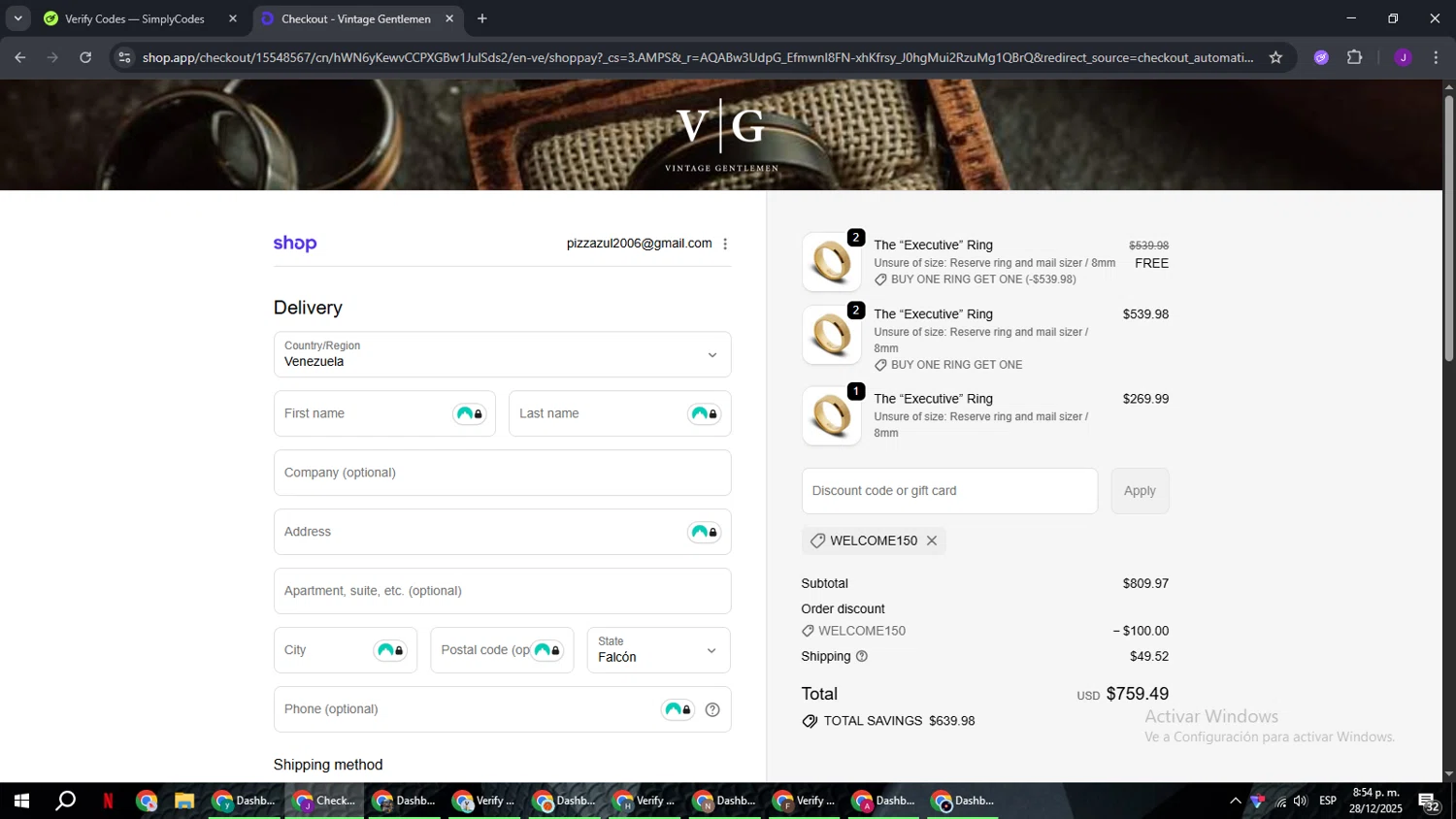 Vintage Gentlemen checkout page showing Vintage Gentlemen coupon code box | Screenshot taken by SimplyCodes community member on Dec 29, 2025