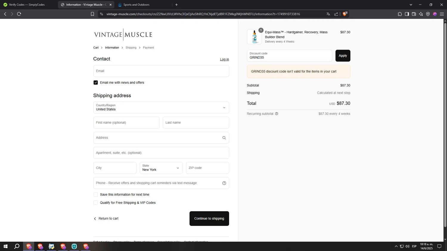 Vintage Muscle discount code screenshot showing code GRIND35 applied at Vintage Muscle checkout page. Uploaded by SimplyCodes community member kkkkkkkkkkkkkkkkkkkk on Jun 14, 2025