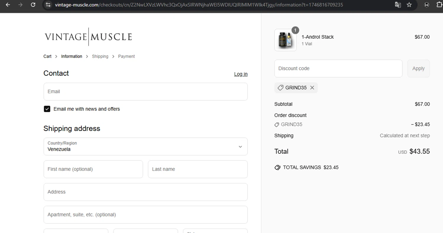 Vintage Muscle discount code screenshot showing code GRIND35 applied at Vintage Muscle checkout page. Uploaded by SimplyCodes community member RoyalSpotter5217 on May 9, 2025