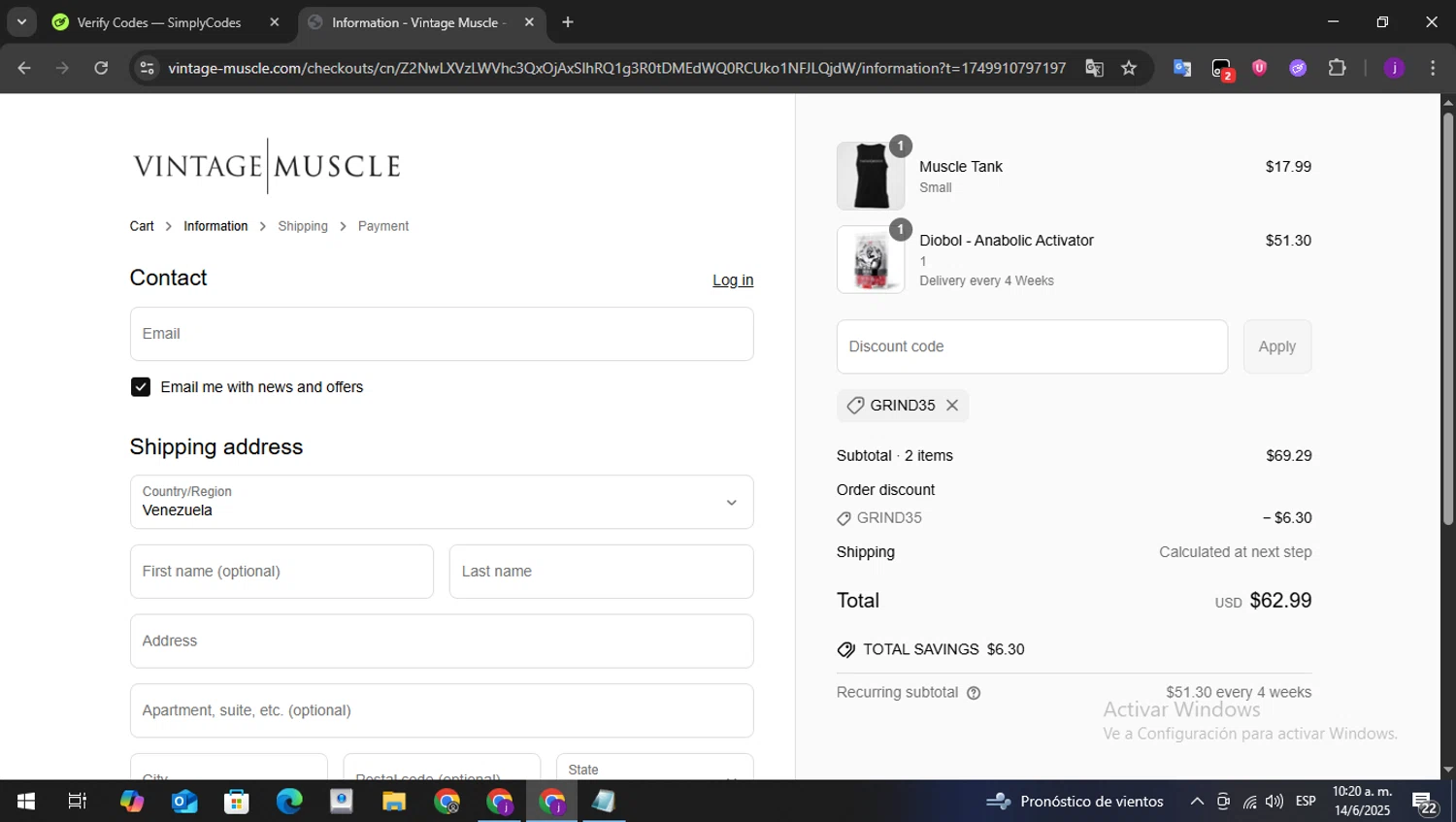Vintage Muscle discount code screenshot showing code GRIND35 applied at Vintage Muscle checkout page. Uploaded by SimplyCodes community member perry1 on Jun 14, 2025