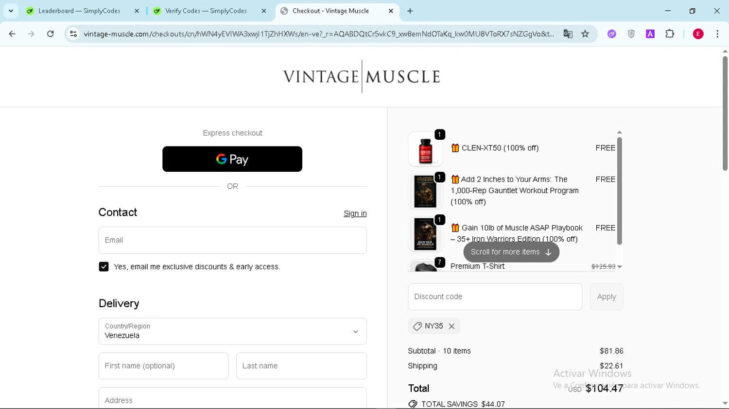 Vintage Muscle discount code screenshot showing code NY35 applied at Vintage Muscle checkout page. Uploaded by SimplyCodes community member Arambulet on Nov 17, 2025