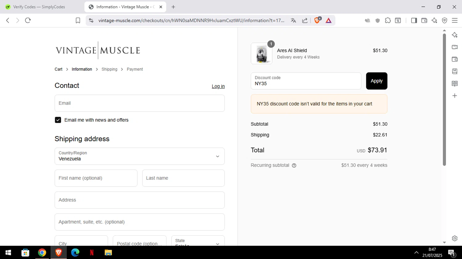 Vintage Muscle discount code screenshot showing code NY35 applied at Vintage Muscle checkout page. Uploaded by SimplyCodes community member ELYEYE on Jul 21, 2025