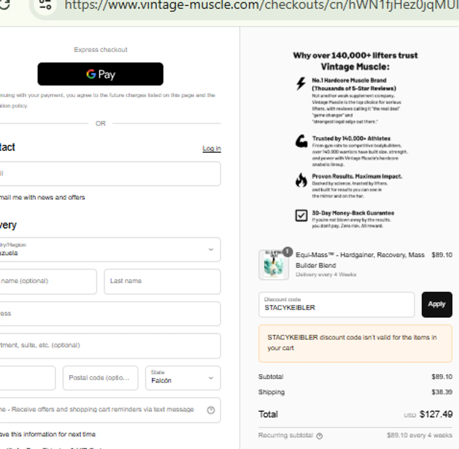 Vintage Muscle discount code screenshot showing code STACYKEIBLER applied at Vintage Muscle checkout page. Uploaded by SimplyCodes community member RewardFinder4836 on Aug 20, 2025