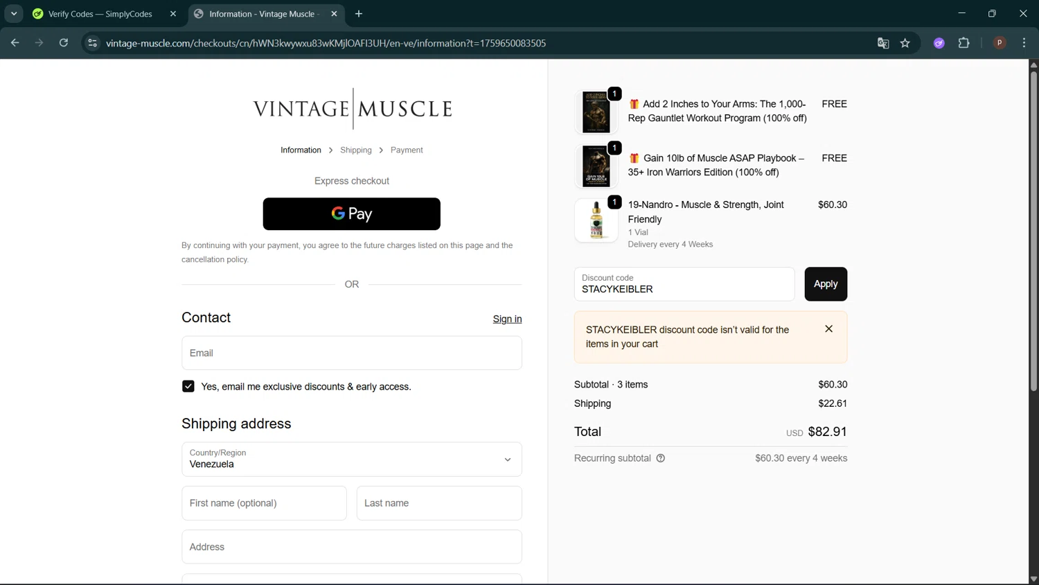 Vintage Muscle discount code screenshot showing code STACYKEIBLER applied at Vintage Muscle checkout page. Uploaded by SimplyCodes community member ShrewdPro2243 on Oct 5, 2025