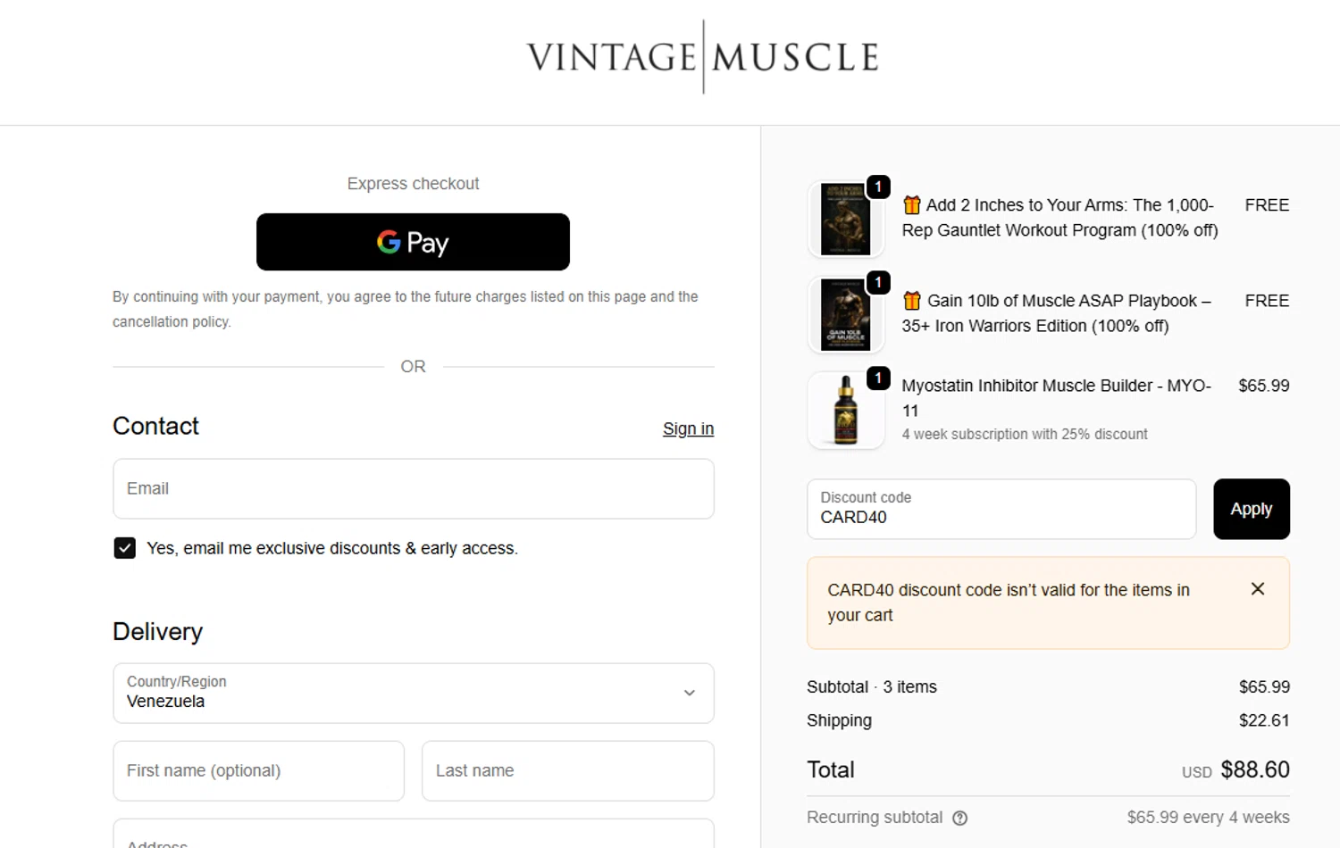 Vintage Muscle discount code screenshot showing code CARD40 applied at Vintage Muscle checkout page. Uploaded by SimplyCodes community member ScanVirtuoso3169 on Nov 6, 2025