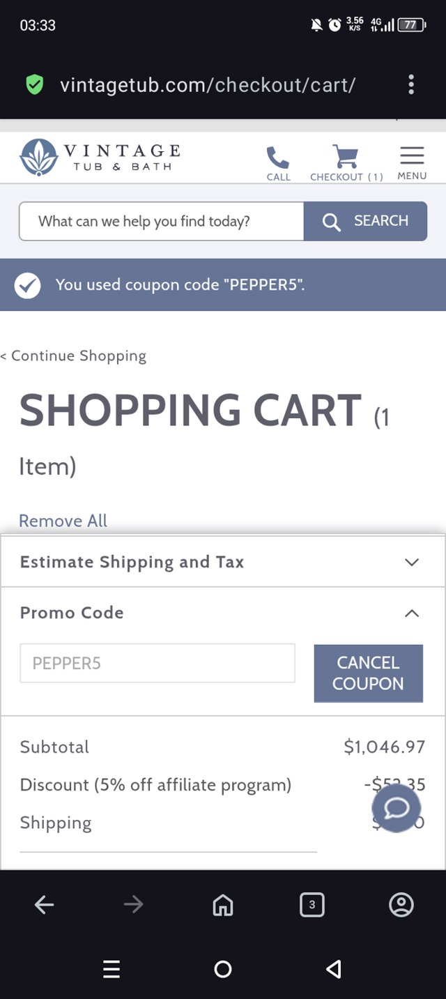 Vintage Tub & Bath checkout page showing Vintage Tub & Bath promo code box | Screenshot taken by SimplyCodes community member on Jun 14, 2025
