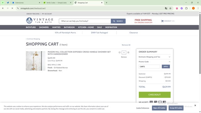 Vintage Tub & Bath checkout page showing Vintage Tub & Bath promo code box | Screenshot taken by SimplyCodes community member on Aug 24, 2025