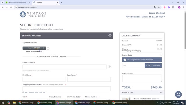 Vintage Tub & Bath checkout page showing Vintage Tub & Bath promo code box | Screenshot taken by SimplyCodes community member on Jun 27, 2025