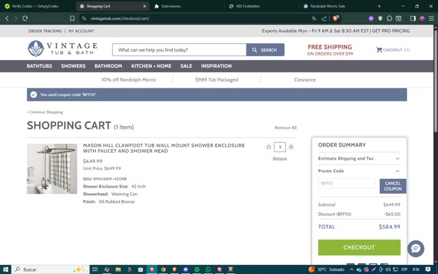 Vintage Tub & Bath checkout page showing Vintage Tub & Bath promo code box | Screenshot taken by SimplyCodes community member on Aug 1, 2025